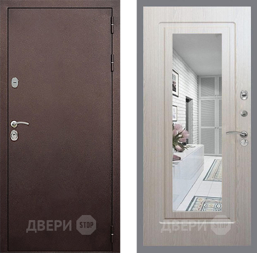 Входная металлическая Дверь Стоп КЛАССИК Медь Зеркало ФЛ-120 Беленый дуб в Зеленоград
